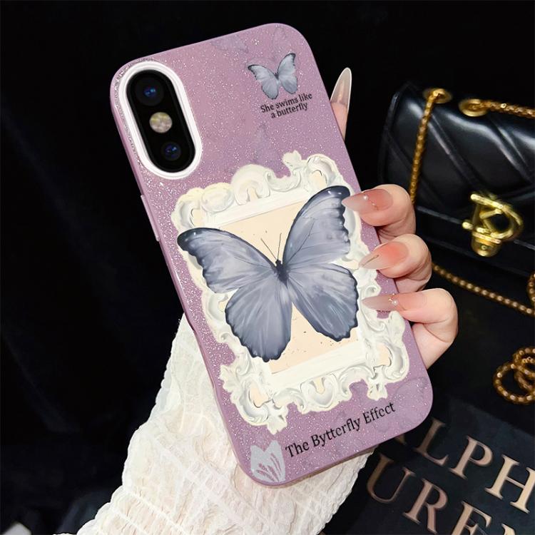 Custodia per telefono ibrida in PC e TPU con glitter e motivo a farfalla blu IMD, For iPhone 11 Pro Max, For iPhone 11, For iPhone 11 Pro, For iPhone XS / X, For iPhone XR, For iPhone XS Max