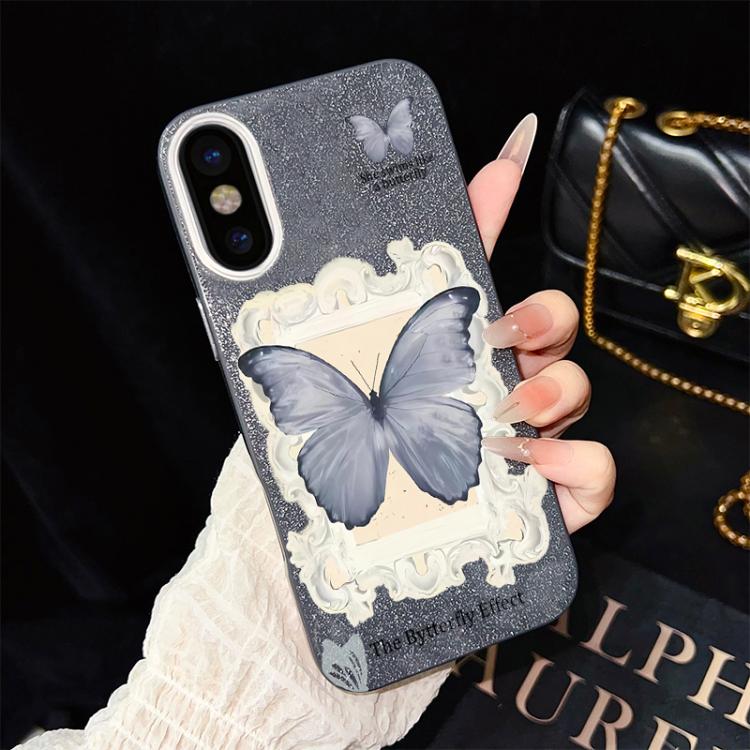 Custodia per telefono ibrida in PC e TPU con glitter e motivo a farfalla blu IMD, For iPhone 11 Pro Max, For iPhone 11, For iPhone 11 Pro, For iPhone XS / X, For iPhone XR, For iPhone XS Max