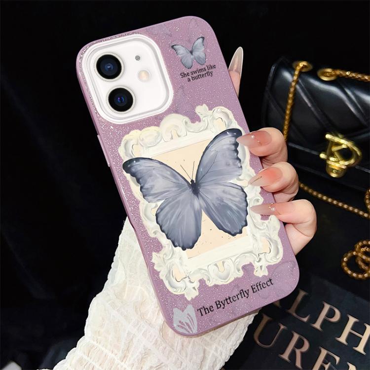 Custodia per telefono ibrida in PC e TPU con glitter e motivo a farfalla blu IMD, For iPhone 11 Pro Max, For iPhone 11, For iPhone 11 Pro, For iPhone XS / X, For iPhone XR, For iPhone XS Max