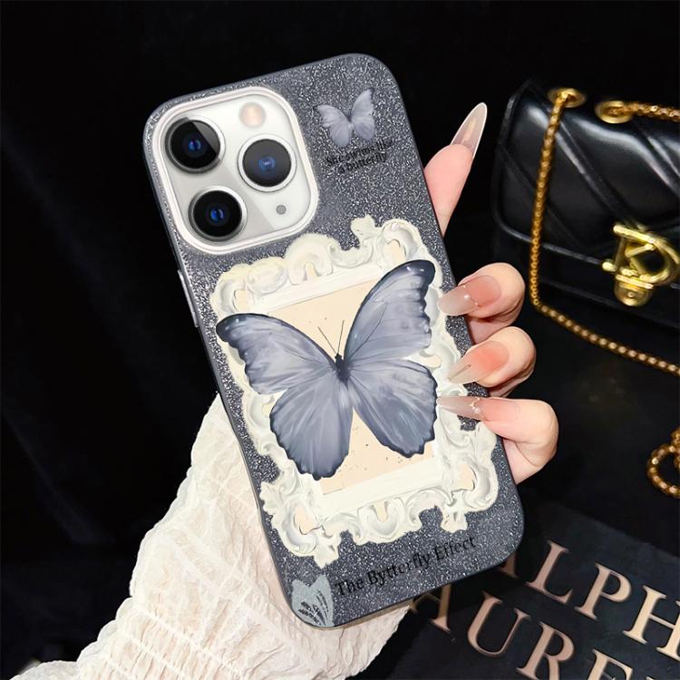 Custodia per telefono ibrida in PC e TPU con glitter e motivo a farfalla blu IMD, For iPhone 11 Pro Max, For iPhone 11, For iPhone 11 Pro, For iPhone XS / X, For iPhone XR, For iPhone XS Max