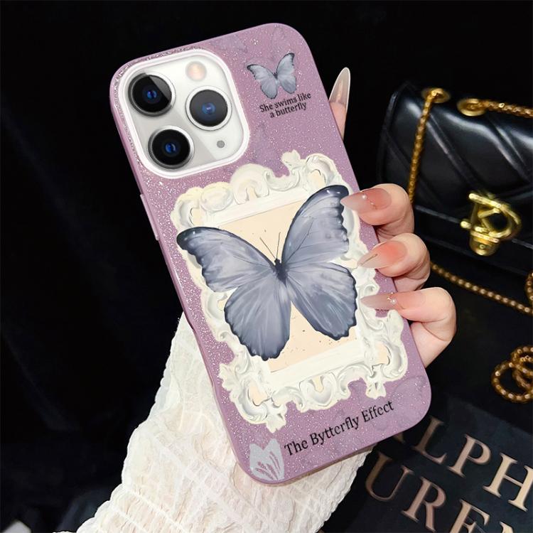 Custodia per telefono ibrida in PC e TPU con glitter e motivo a farfalla blu IMD, For iPhone 11 Pro Max, For iPhone 11, For iPhone 11 Pro, For iPhone XS / X, For iPhone XR, For iPhone XS Max