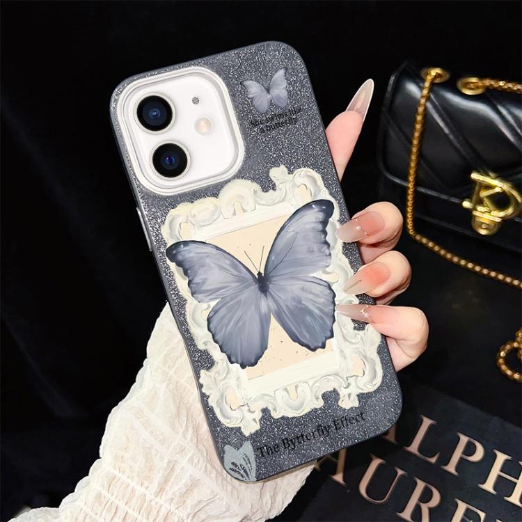 Custodia per telefono ibrida in PC e TPU con glitter e motivo a farfalla blu IMD, For iPhone 13 Pro Max, For iPhone 13 Pro, For iPhone 13, For iPhone 12, For iPhone 12 Pro Max, For iPhone 12 Pro