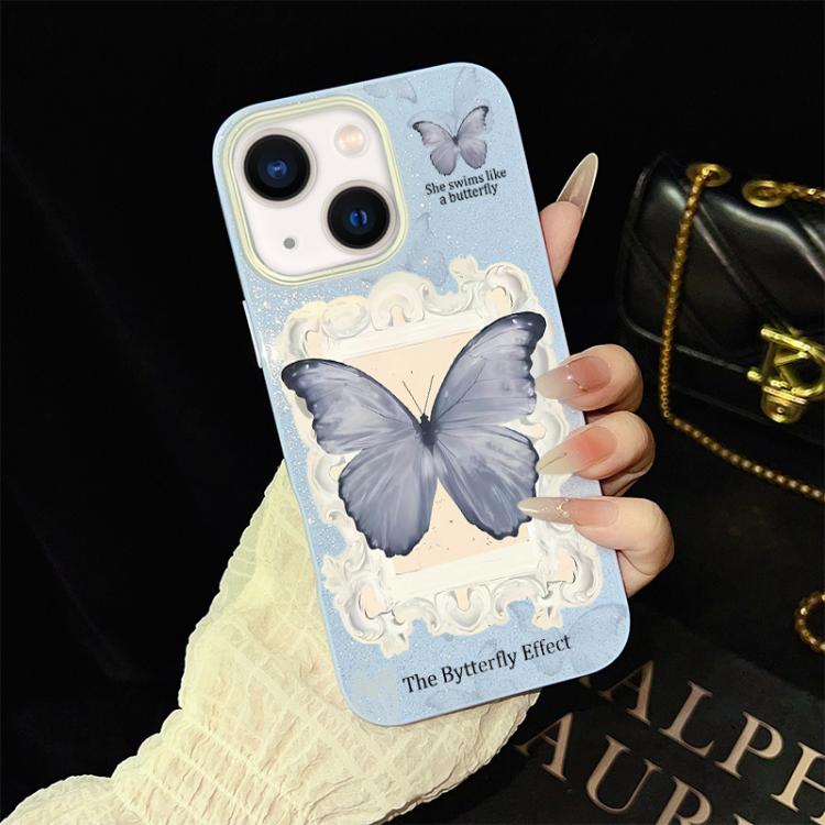 Custodia per telefono ibrida in PC e TPU con glitter e motivo a farfalla blu IMD, For iPhone 13 Pro Max, For iPhone 13 Pro, For iPhone 13, For iPhone 12, For iPhone 12 Pro Max, For iPhone 12 Pro