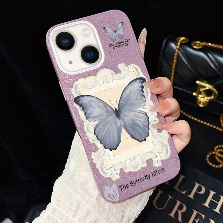 Custodia per telefono ibrida in PC e TPU con glitter e motivo a farfalla blu IMD, For iPhone 13 Pro Max, For iPhone 13 Pro, For iPhone 13, For iPhone 12, For iPhone 12 Pro Max, For iPhone 12 Pro