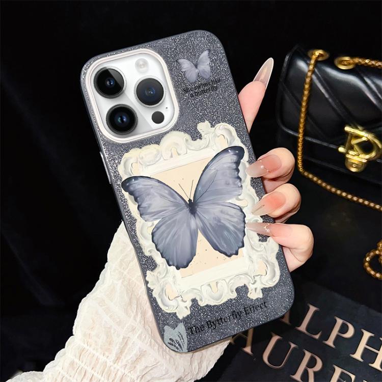 Custodia per telefono ibrida in PC e TPU con glitter e motivo a farfalla blu IMD, For iPhone 13 Pro Max, For iPhone 13 Pro, For iPhone 13, For iPhone 12, For iPhone 12 Pro Max, For iPhone 12 Pro