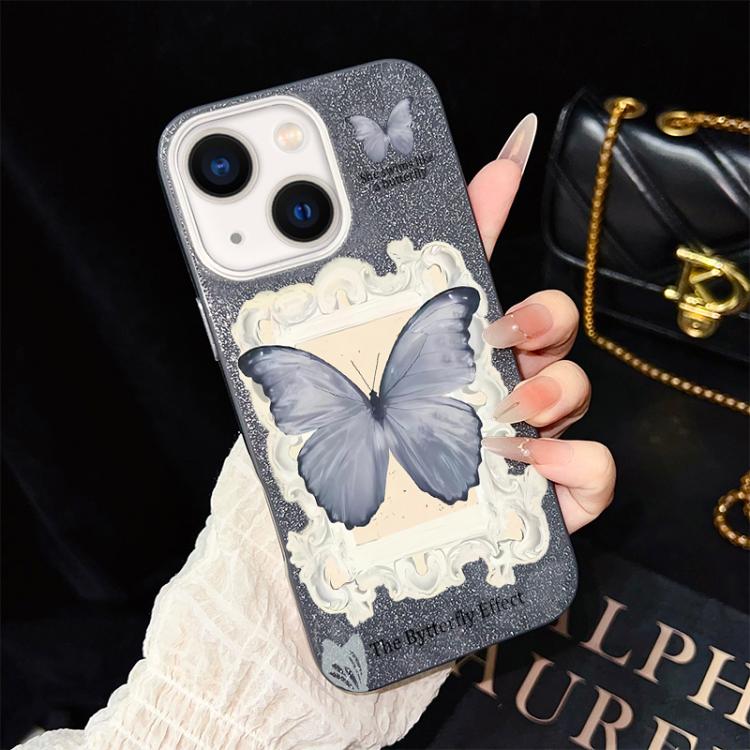 Custodia per telefono ibrida in PC e TPU con glitter e motivo a farfalla blu IMD, For iPhone 15, For iPhone 14 Plus, For iPhone 14, For iPhone 14 Pro, For iPhone 14 Pro Max, For iPhone SE 2022 / SE 2020