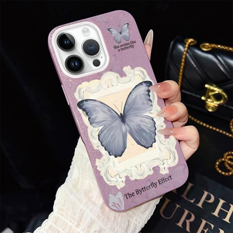 Custodia per telefono ibrida in PC e TPU con glitter e motivo a farfalla blu IMD, For iPhone 15, For iPhone 14 Plus, For iPhone 14, For iPhone 14 Pro, For iPhone 14 Pro Max, For iPhone SE 2022 / SE 2020
