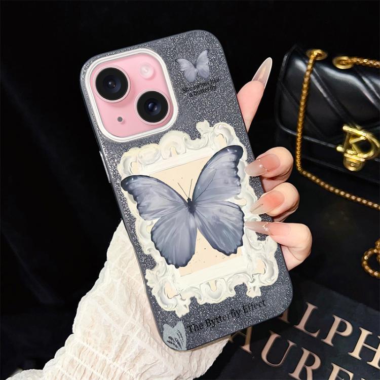 Custodia per telefono ibrida in PC e TPU con glitter e motivo a farfalla blu IMD, For iPhone 16 Pro, For iPhone 16 Plus, For iPhone 16, For iPhone 15 Pro Max, For iPhone 15 Pro, For iPhone 15 Plus