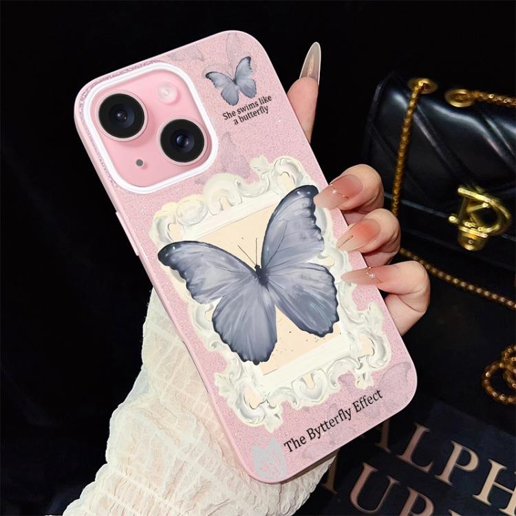 Custodia per telefono ibrida in PC e TPU con glitter e motivo a farfalla blu IMD, For iPhone 16 Pro, For iPhone 16 Plus, For iPhone 16, For iPhone 15 Pro Max, For iPhone 15 Pro, For iPhone 15 Plus