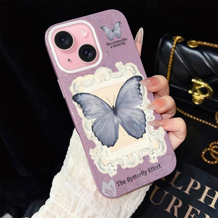 Custodia per telefono ibrida in PC e TPU con glitter e motivo a farfalla blu IMD, For iPhone 16 Pro, For iPhone 16 Plus, For iPhone 16, For iPhone 15 Pro Max, For iPhone 15 Pro, For iPhone 15 Plus