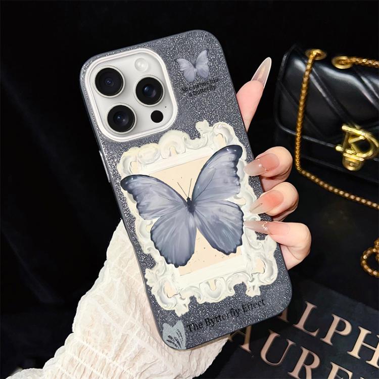 Custodia per telefono ibrida in PC e TPU con glitter e motivo a farfalla blu IMD, For iPhone 16 Pro, For iPhone 16 Plus, For iPhone 16, For iPhone 15 Pro Max, For iPhone 15 Pro, For iPhone 15 Plus