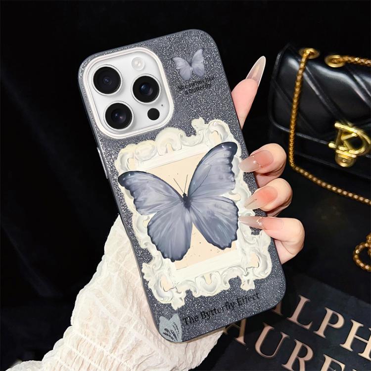 Custodia per telefono ibrida in PC e TPU con glitter e motivo a farfalla blu IMD, For iPhone 17e / 16e, For iPhone 17 Pro Max, For iPhone 17 Pro, For iPhone 17, For iPhone Air, For iPhone 16 Pro Max