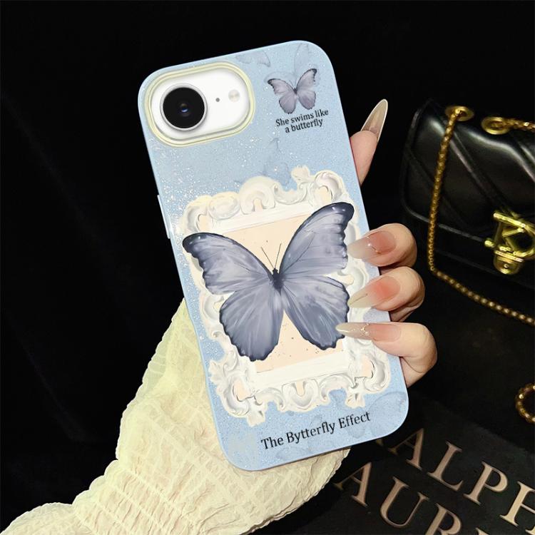 Custodia per telefono ibrida in PC e TPU con glitter e motivo a farfalla blu IMD, For iPhone 17e / 16e, For iPhone 17 Pro Max, For iPhone 17 Pro, For iPhone 17, For iPhone Air, For iPhone 16 Pro Max
