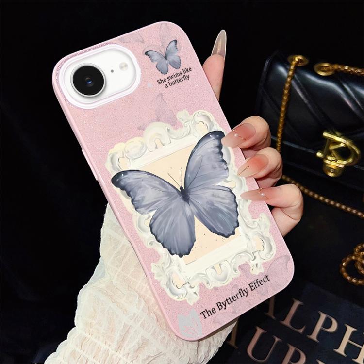 Custodia per telefono ibrida in PC e TPU con glitter e motivo a farfalla blu IMD, For iPhone 17e / 16e, For iPhone 17 Pro Max, For iPhone 17 Pro, For iPhone 17, For iPhone Air, For iPhone 16 Pro Max