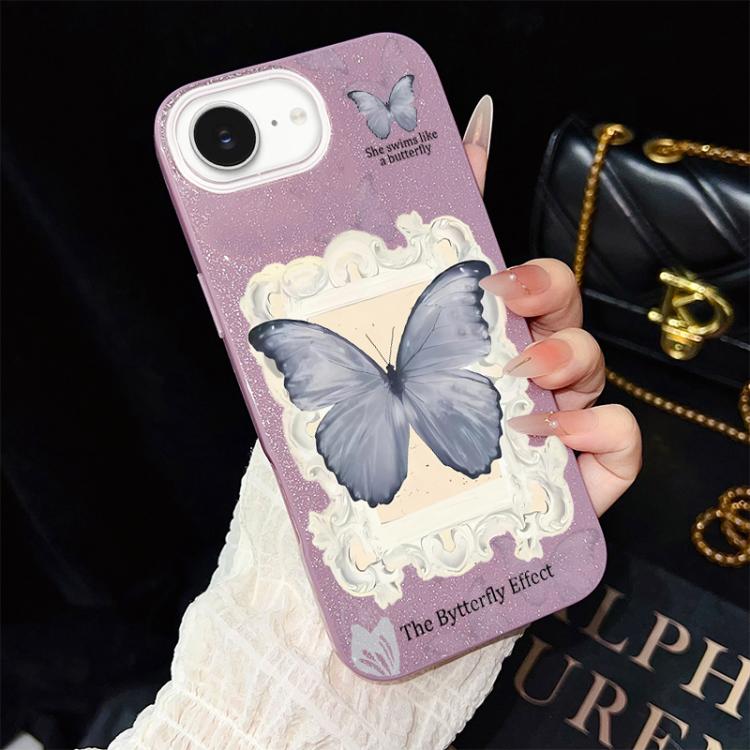 Custodia per telefono ibrida in PC e TPU con glitter e motivo a farfalla blu IMD, For iPhone 17e / 16e, For iPhone 17 Pro Max, For iPhone 17 Pro, For iPhone 17, For iPhone Air, For iPhone 16 Pro Max