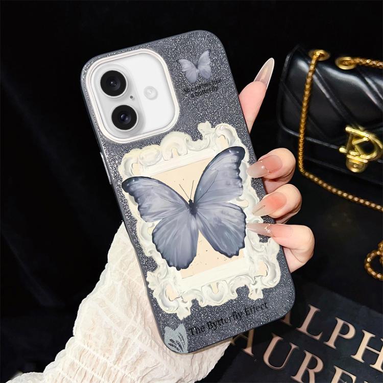 Custodia per telefono ibrida in PC e TPU con glitter e motivo a farfalla blu IMD, For iPhone 17e / 16e, For iPhone 17 Pro Max, For iPhone 17 Pro, For iPhone 17, For iPhone Air, For iPhone 16 Pro Max