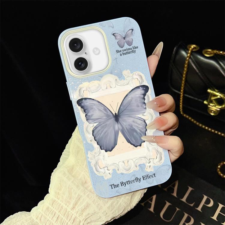 Custodia per telefono ibrida in PC e TPU con glitter e motivo a farfalla blu IMD, For iPhone 17e / 16e, For iPhone 17 Pro Max, For iPhone 17 Pro, For iPhone 17, For iPhone Air, For iPhone 16 Pro Max