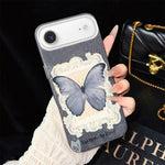 Custodia per telefono ibrida in PC e TPU con glitter e motivo a farfalla blu IMD, For iPhone 17e / 16e, For iPhone 17 Pro Max, For iPhone 17 Pro, For iPhone 17, For iPhone Air, For iPhone 16 Pro Max