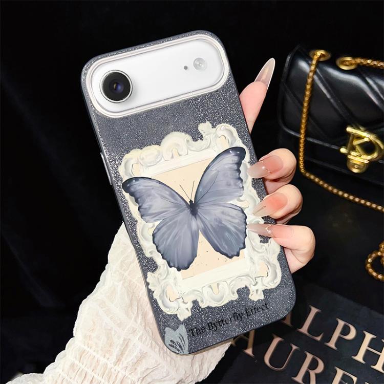 Custodia per telefono ibrida in PC e TPU con glitter e motivo a farfalla blu IMD, For iPhone 17e / 16e, For iPhone 17 Pro Max, For iPhone 17 Pro, For iPhone 17, For iPhone Air, For iPhone 16 Pro Max