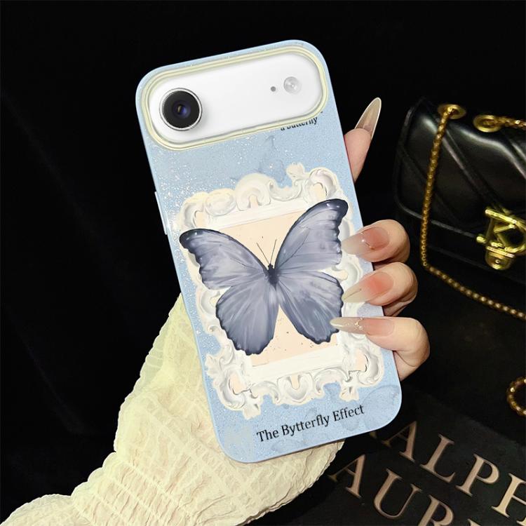 Custodia per telefono ibrida in PC e TPU con glitter e motivo a farfalla blu IMD, For iPhone 17e / 16e, For iPhone 17 Pro Max, For iPhone 17 Pro, For iPhone 17, For iPhone Air, For iPhone 16 Pro Max