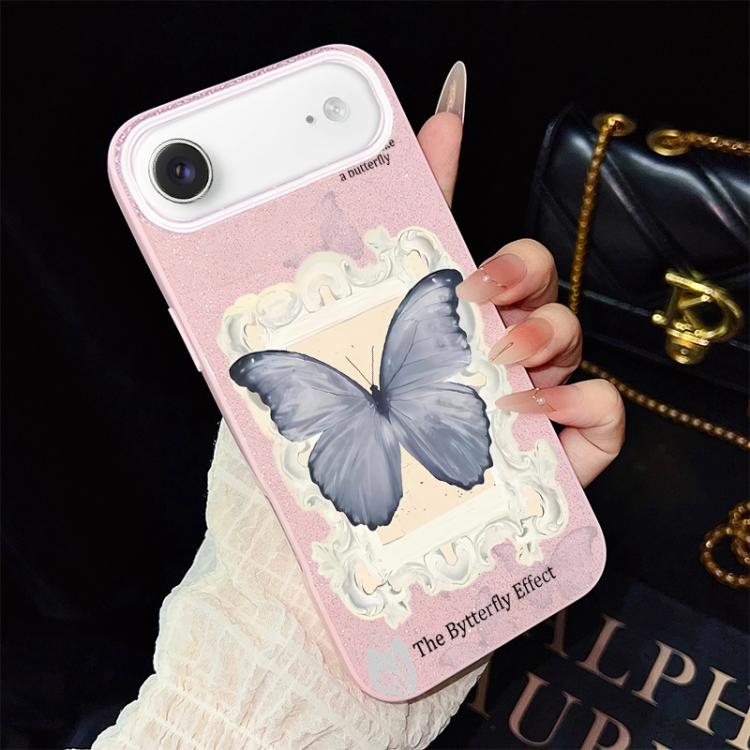 Custodia per telefono ibrida in PC e TPU con glitter e motivo a farfalla blu IMD, For iPhone 17e / 16e, For iPhone 17 Pro Max, For iPhone 17 Pro, For iPhone 17, For iPhone Air, For iPhone 16 Pro Max