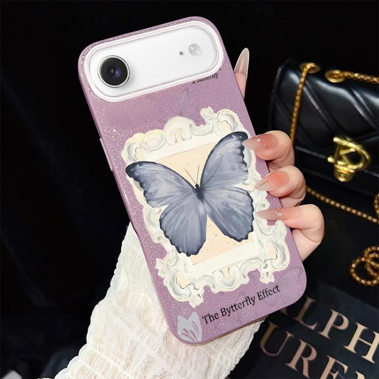 Custodia per telefono ibrida in PC e TPU con glitter e motivo a farfalla blu IMD, For iPhone 17e / 16e, For iPhone 17 Pro Max, For iPhone 17 Pro, For iPhone 17, For iPhone Air, For iPhone 16 Pro Max