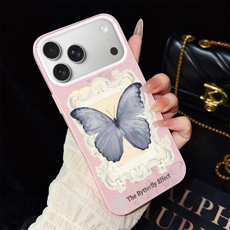 Custodia per telefono ibrida in PC e TPU con glitter e motivo a farfalla blu IMD, For iPhone 17e / 16e, For iPhone 17 Pro Max, For iPhone 17 Pro, For iPhone 17, For iPhone Air, For iPhone 16 Pro Max