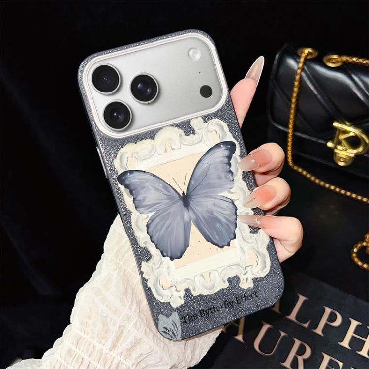 Custodia per telefono ibrida in PC e TPU con glitter e motivo a farfalla blu IMD, For iPhone 17e / 16e, For iPhone 17 Pro Max, For iPhone 17 Pro, For iPhone 17, For iPhone Air, For iPhone 16 Pro Max
