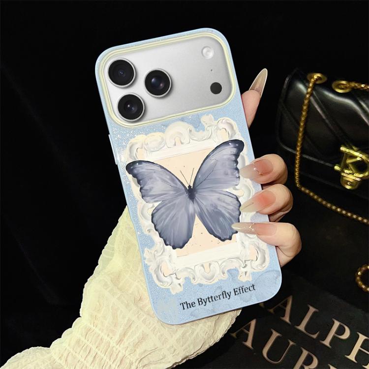 Custodia per telefono ibrida in PC e TPU con glitter e motivo a farfalla blu IMD, For iPhone 17e / 16e, For iPhone 17 Pro Max, For iPhone 17 Pro, For iPhone 17, For iPhone Air, For iPhone 16 Pro Max