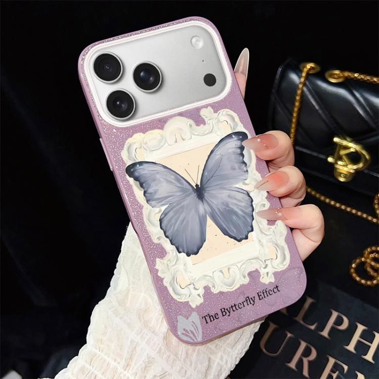Custodia per telefono ibrida in PC e TPU con glitter e motivo a farfalla blu IMD, For iPhone 17e / 16e, For iPhone 17 Pro Max, For iPhone 17 Pro, For iPhone 17, For iPhone Air, For iPhone 16 Pro Max