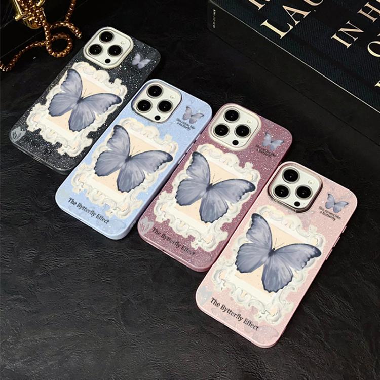 Custodia per telefono ibrida in PC e TPU con glitter e motivo a farfalla blu IMD, For iPhone 13 Pro Max, For iPhone 13 Pro, For iPhone 13, For iPhone 12, For iPhone 12 Pro Max, For iPhone 12 Pro