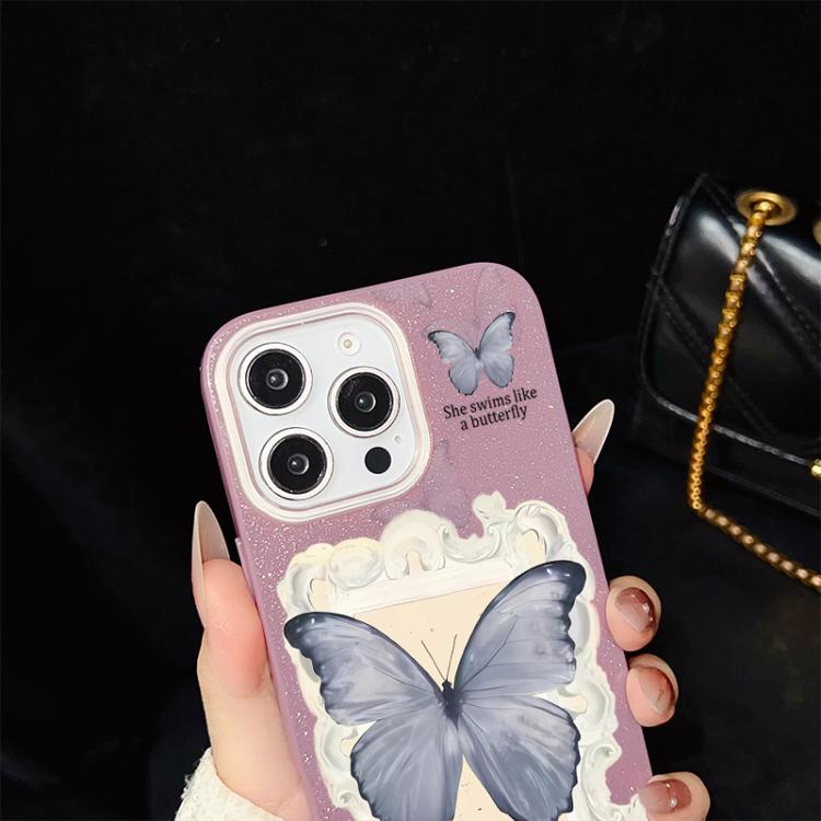 Custodia per telefono ibrida in PC e TPU con glitter e motivo a farfalla blu IMD, For iPhone 15, For iPhone 14 Plus, For iPhone 14, For iPhone 14 Pro, For iPhone 14 Pro Max, For iPhone SE 2022 / SE 2020