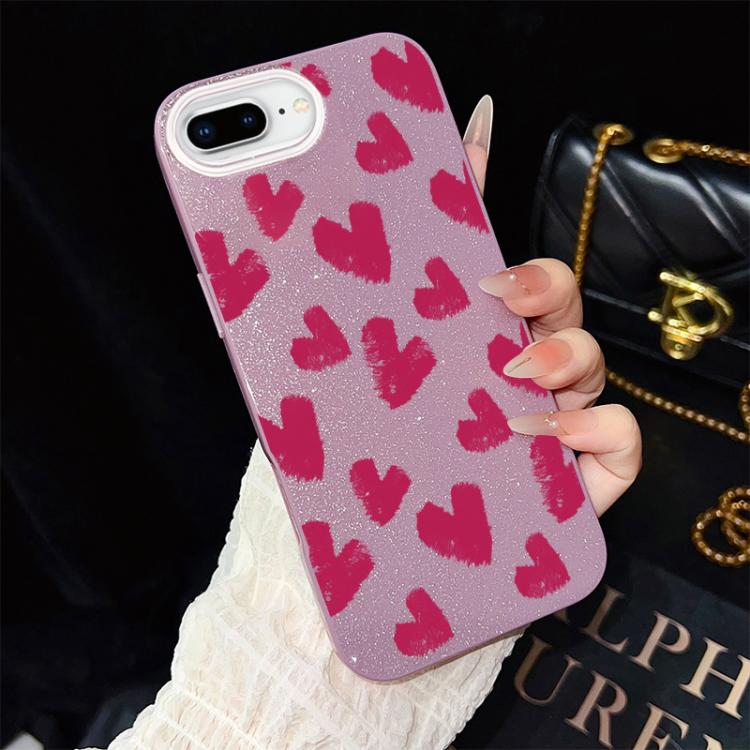 Custodia per telefono ibrida in PC e TPU con motivo a cuori rosso rosa e glitter IMD, For iPhone 8 Plus / 7 Plus, For iPhone 6 Plus / 6s Plus, For iPhone 6 / 6s