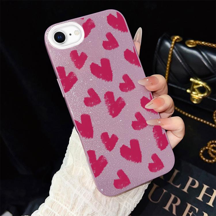 Custodia per telefono ibrida in PC e TPU con motivo a cuori rosso rosa e glitter IMD, For iPhone 15, For iPhone 14 Plus, For iPhone 14, For iPhone 14 Pro, For iPhone 14 Pro Max, For iPhone SE 2022 / SE 2020