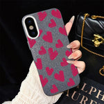 Custodia per telefono ibrida in PC e TPU con motivo a cuori rosso rosa e glitter IMD, For iPhone 11 Pro Max, For iPhone 11, For iPhone 11 Pro, For iPhone XS / X, For iPhone XR, For iPhone XS Max