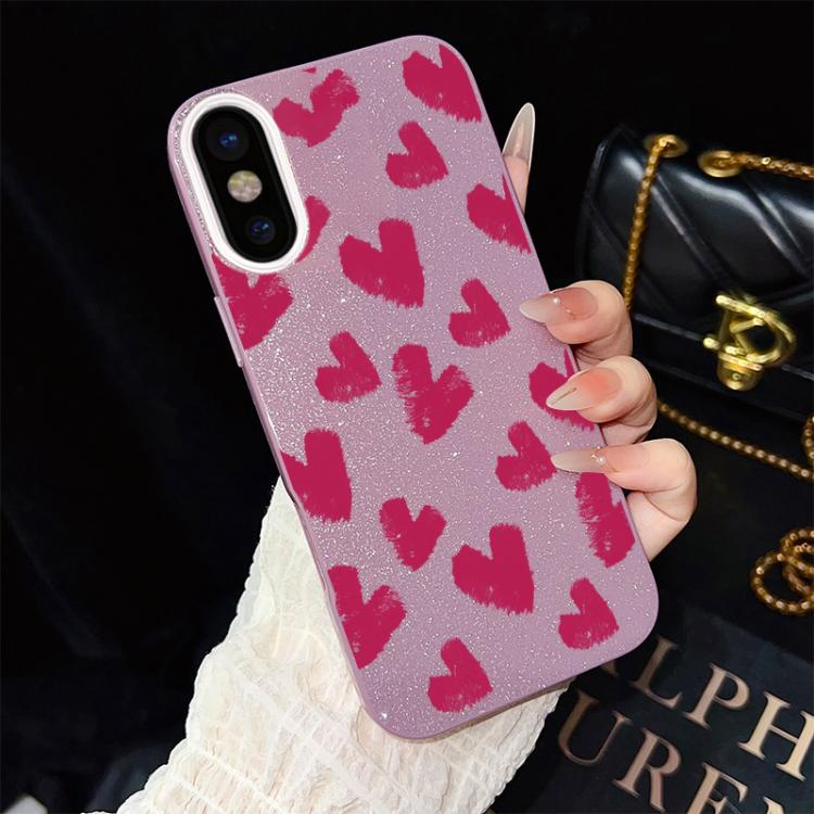 Custodia per telefono ibrida in PC e TPU con motivo a cuori rosso rosa e glitter IMD, For iPhone 11 Pro Max, For iPhone 11, For iPhone 11 Pro, For iPhone XS / X, For iPhone XR, For iPhone XS Max