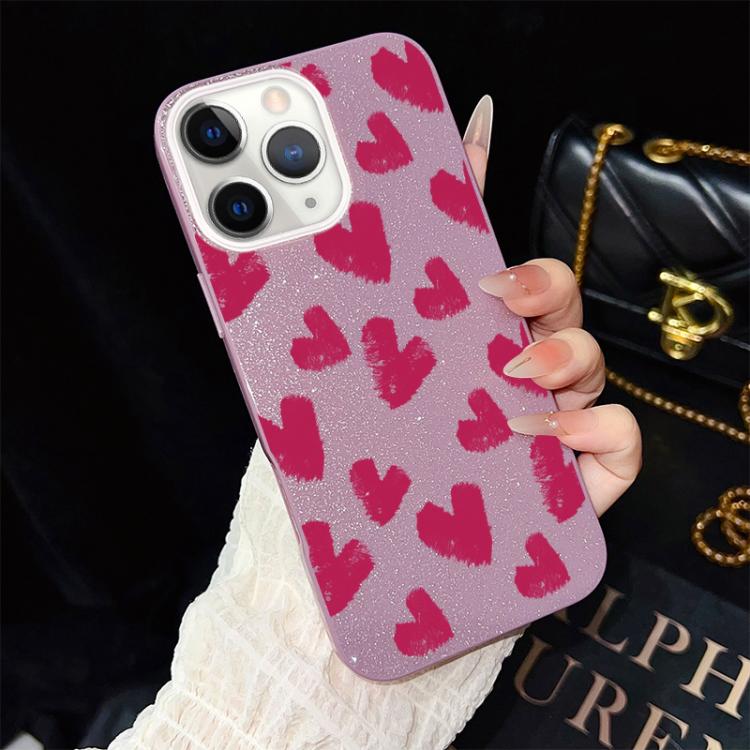 Custodia per telefono ibrida in PC e TPU con motivo a cuori rosso rosa e glitter IMD, For iPhone 11 Pro Max, For iPhone 11, For iPhone 11 Pro, For iPhone XS / X, For iPhone XR, For iPhone XS Max