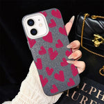 Custodia per telefono ibrida in PC e TPU con motivo a cuori rosso rosa e glitter IMD, For iPhone 13 Pro Max, For iPhone 13 Pro, For iPhone 13, For iPhone 12, For iPhone 12 Pro Max, For iPhone 12 Pro