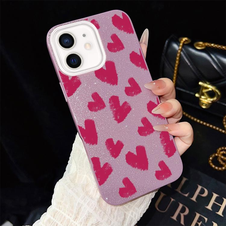 Custodia per telefono ibrida in PC e TPU con motivo a cuori rosso rosa e glitter IMD, For iPhone 13 Pro Max, For iPhone 13 Pro, For iPhone 13, For iPhone 12, For iPhone 12 Pro Max, For iPhone 12 Pro