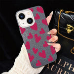 Custodia per telefono ibrida in PC e TPU con motivo a cuori rosso rosa e glitter IMD, For iPhone 13 Pro Max, For iPhone 13 Pro, For iPhone 13, For iPhone 12, For iPhone 12 Pro Max, For iPhone 12 Pro