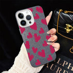 Custodia per telefono ibrida in PC e TPU con motivo a cuori rosso rosa e glitter IMD, For iPhone 15, For iPhone 14 Plus, For iPhone 14, For iPhone 14 Pro, For iPhone 14 Pro Max, For iPhone SE 2022 / SE 2020