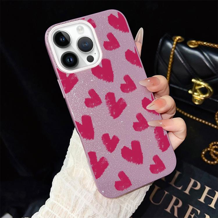 Custodia per telefono ibrida in PC e TPU con motivo a cuori rosso rosa e glitter IMD, For iPhone 15, For iPhone 14 Plus, For iPhone 14, For iPhone 14 Pro, For iPhone 14 Pro Max, For iPhone SE 2022 / SE 2020