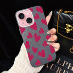 Custodia per telefono ibrida in PC e TPU con motivo a cuori rosso rosa e glitter IMD, For iPhone 15, For iPhone 14 Plus, For iPhone 14, For iPhone 14 Pro, For iPhone 14 Pro Max, For iPhone SE 2022 / SE 2020