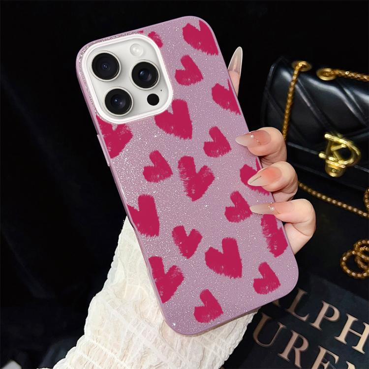 Custodia per telefono ibrida in PC e TPU con motivo a cuori rosso rosa e glitter IMD, For iPhone 16 Pro, For iPhone 16 Plus, For iPhone 16, For iPhone 15 Pro Max, For iPhone 15 Pro, For iPhone 15 Plus