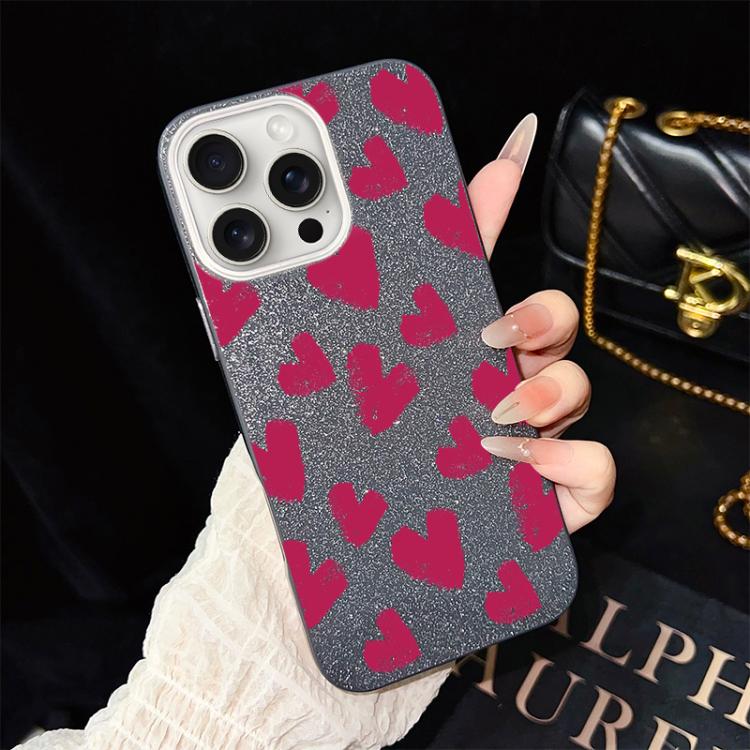 Custodia per telefono ibrida in PC e TPU con motivo a cuori rosso rosa e glitter IMD, For iPhone 16 Pro, For iPhone 16 Plus, For iPhone 16, For iPhone 15 Pro Max, For iPhone 15 Pro, For iPhone 15 Plus