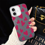 Custodia per telefono ibrida in PC e TPU con motivo a cuori rosso rosa e glitter IMD, For iPhone 16 Pro, For iPhone 16 Plus, For iPhone 16, For iPhone 15 Pro Max, For iPhone 15 Pro, For iPhone 15 Plus