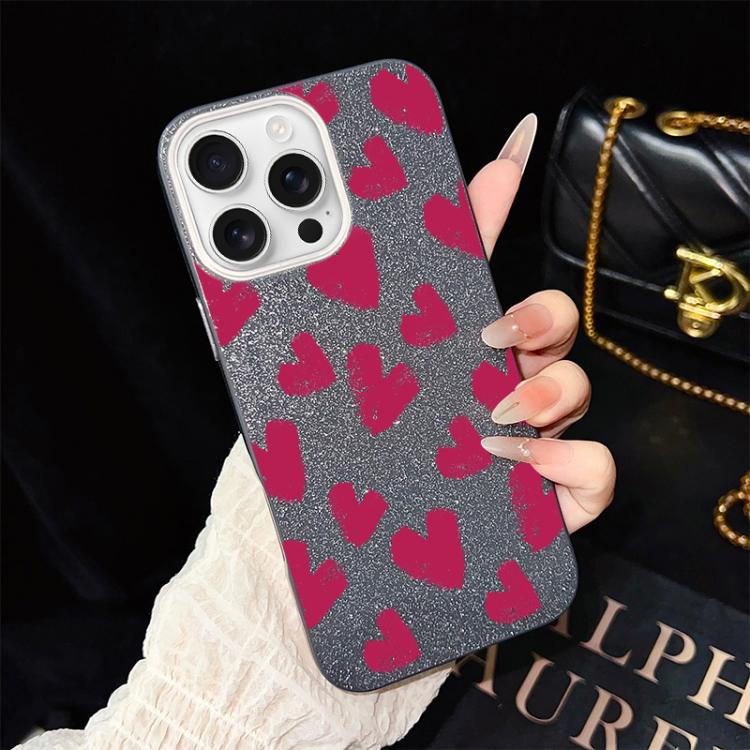 Custodia per telefono ibrida in PC e TPU con motivo a cuori rosso rosa e glitter IMD, For iPhone 16 Pro, For iPhone 16 Plus, For iPhone 16, For iPhone 15 Pro Max, For iPhone 15 Pro, For iPhone 15 Plus