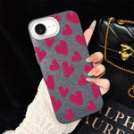 Custodia per telefono ibrida in PC e TPU con motivo a cuori rosso rosa e glitter IMD, For iPhone 17e / 16e, For iPhone 17 Pro Max, For iPhone 17 Pro, For iPhone 17, For iPhone Air, For iPhone 16 Pro Max