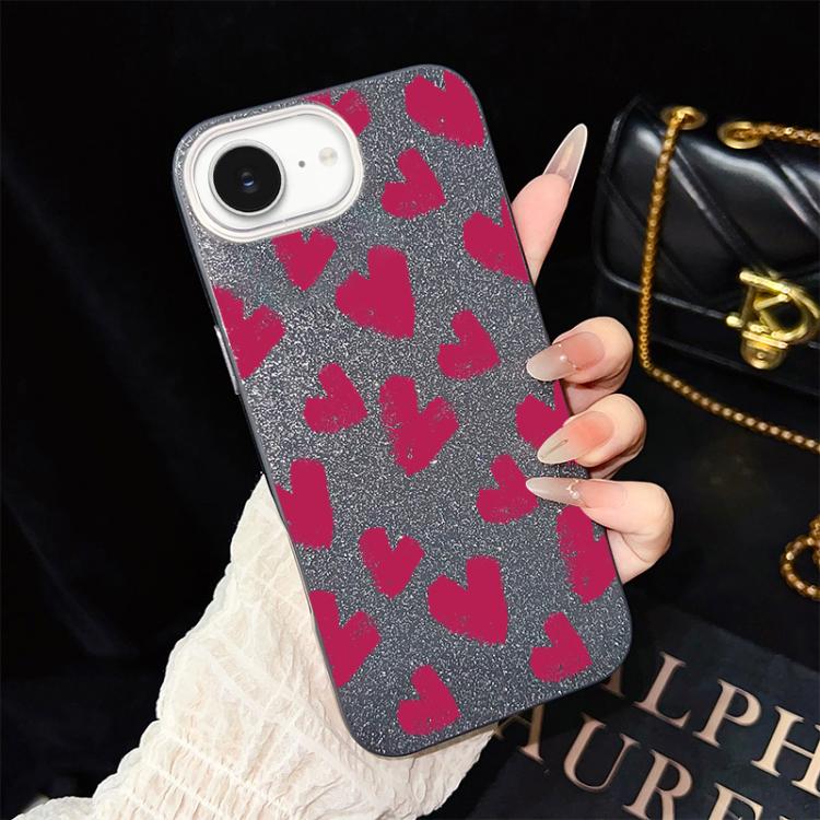 Custodia per telefono ibrida in PC e TPU con motivo a cuori rosso rosa e glitter IMD, For iPhone 17e / 16e, For iPhone 17 Pro Max, For iPhone 17 Pro, For iPhone 17, For iPhone Air, For iPhone 16 Pro Max