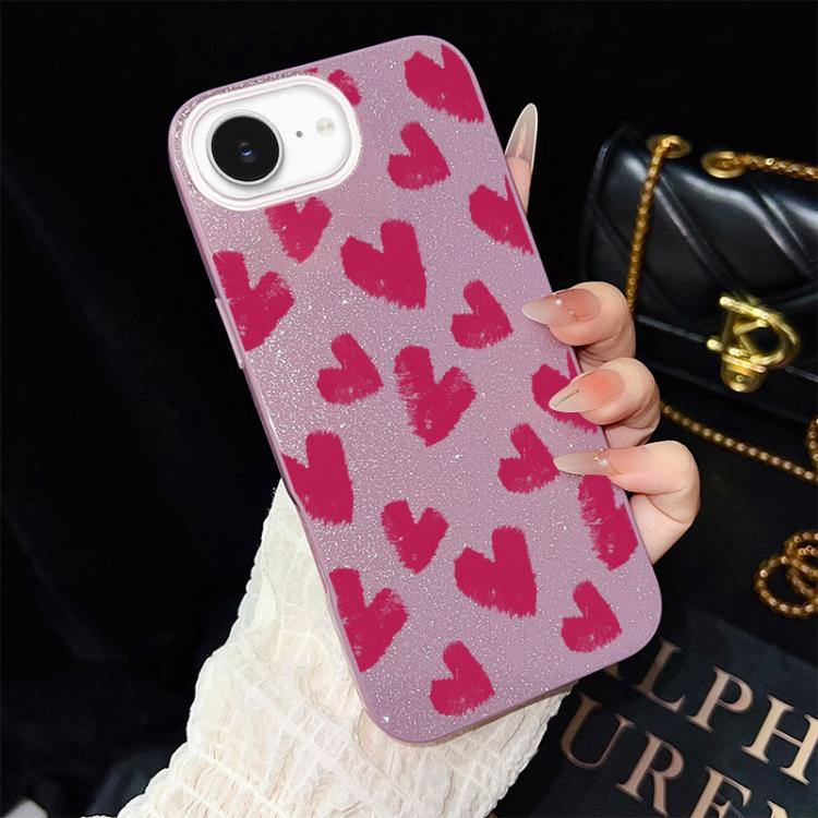 Custodia per telefono ibrida in PC e TPU con motivo a cuori rosso rosa e glitter IMD, For iPhone 17e / 16e, For iPhone 17 Pro Max, For iPhone 17 Pro, For iPhone 17, For iPhone Air, For iPhone 16 Pro Max